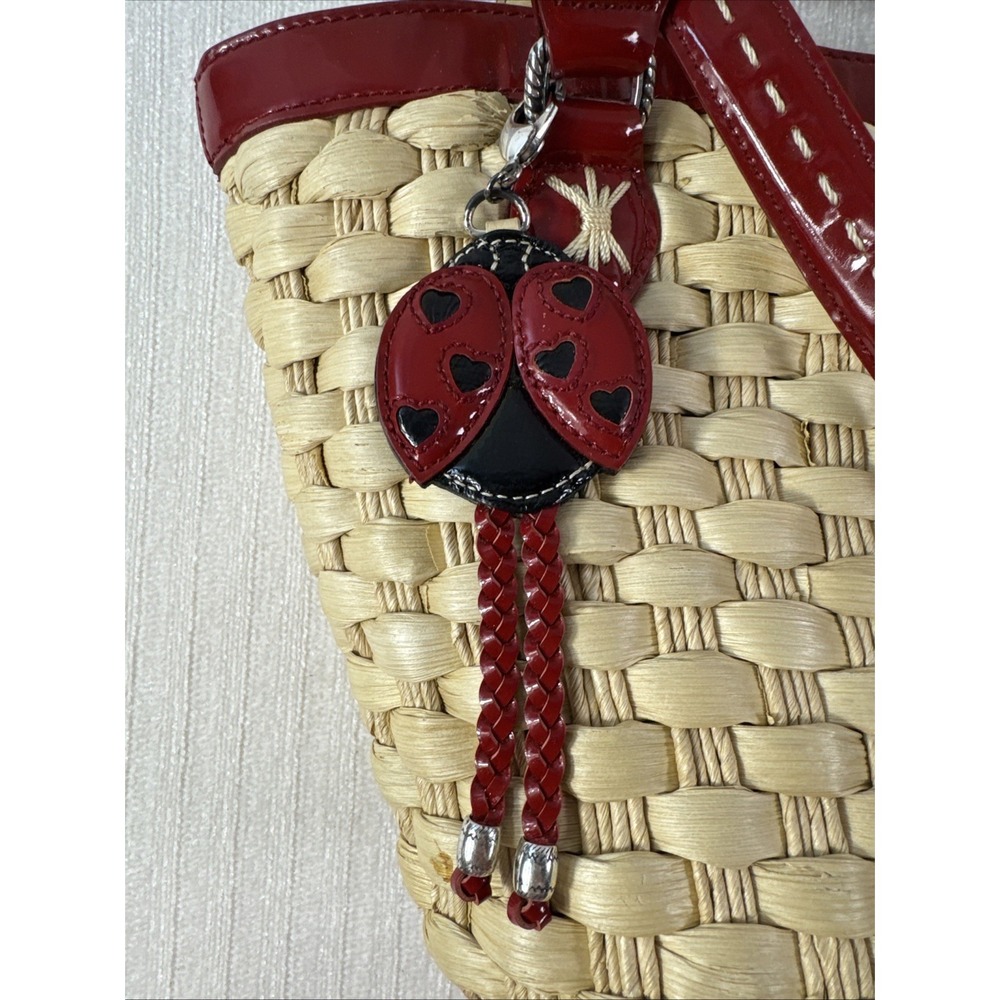 Brighton Candice Woven Straw Ladybug Tote Red Patent Leather Trim/ Ladybug Charm - Picture 6 of 9